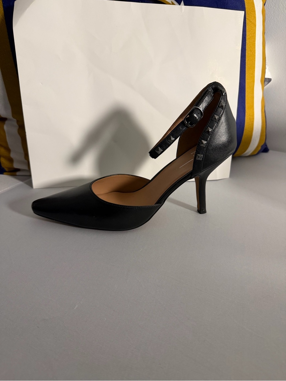 Paolo Black Pointed-Toe Ankle-Strap Heels with Stud Detail